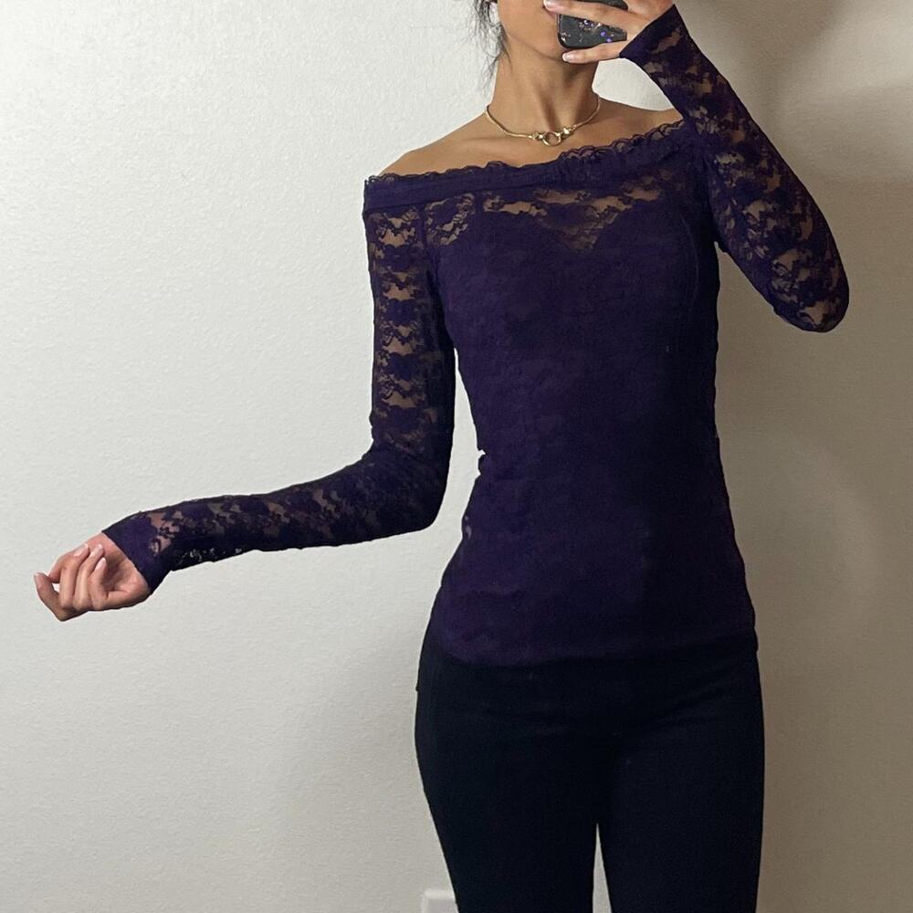 Purple Lace Off-shoulder Long Sleeve Top L